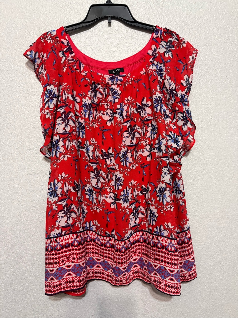 Alyx Red Floral Ruffle Sleeve Blouse with Patterned Hem